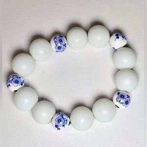 Vintage Floral Ceramic  Boho Beaded Stretch Bracelet Blue and White Elegant Chic